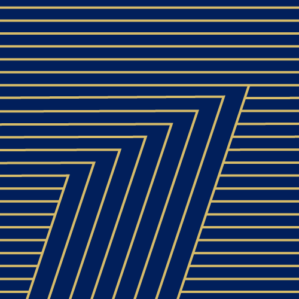 An abstract geometric pattern featuring parallel horizontal lines intersected by angled lines forming a zigzag shape, in gold and navy blue.